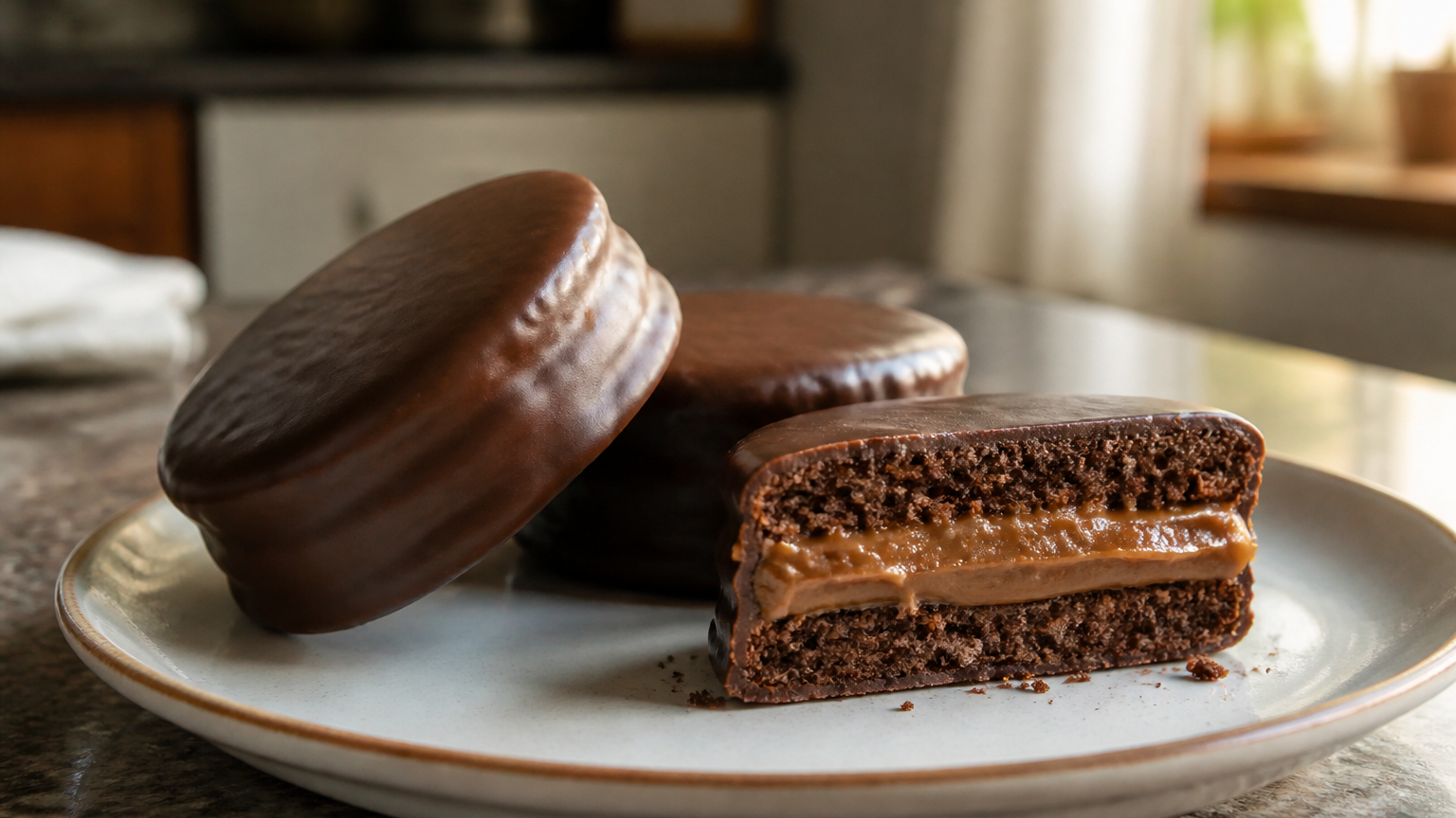 Alfajores marplatenses caseros rellenos de dulce de leche y cubiertos con chocolate semiamargo