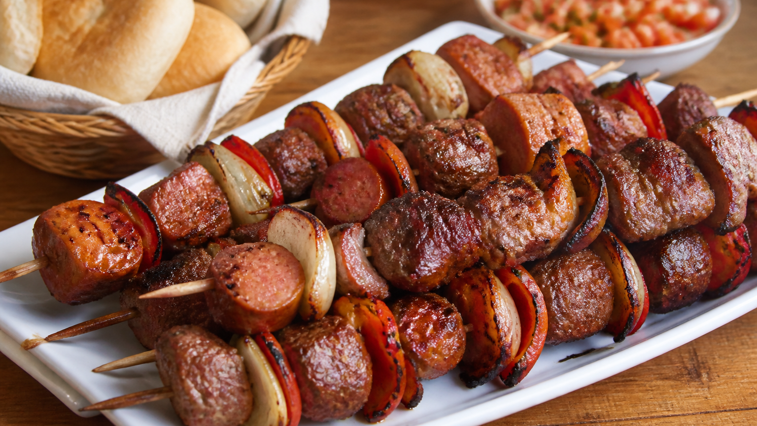 Anticuchos chilenos dorados a la parrilla con vacuno, cerdo, longaniza, cebolla y pimentón