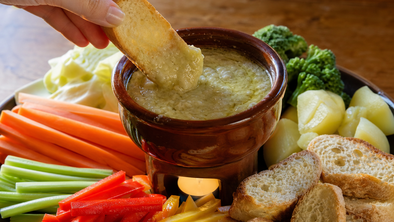 Bagna cauda argentina cremosa servida caliente con verduras frescas, papas, brócoli y pan