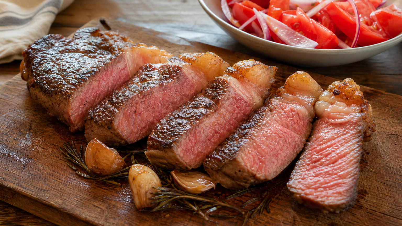 Bife de chorizo argentino cortado en rebanadas, con costra dorada, ajo, romero y ensalada fresca de tomate y cebolla