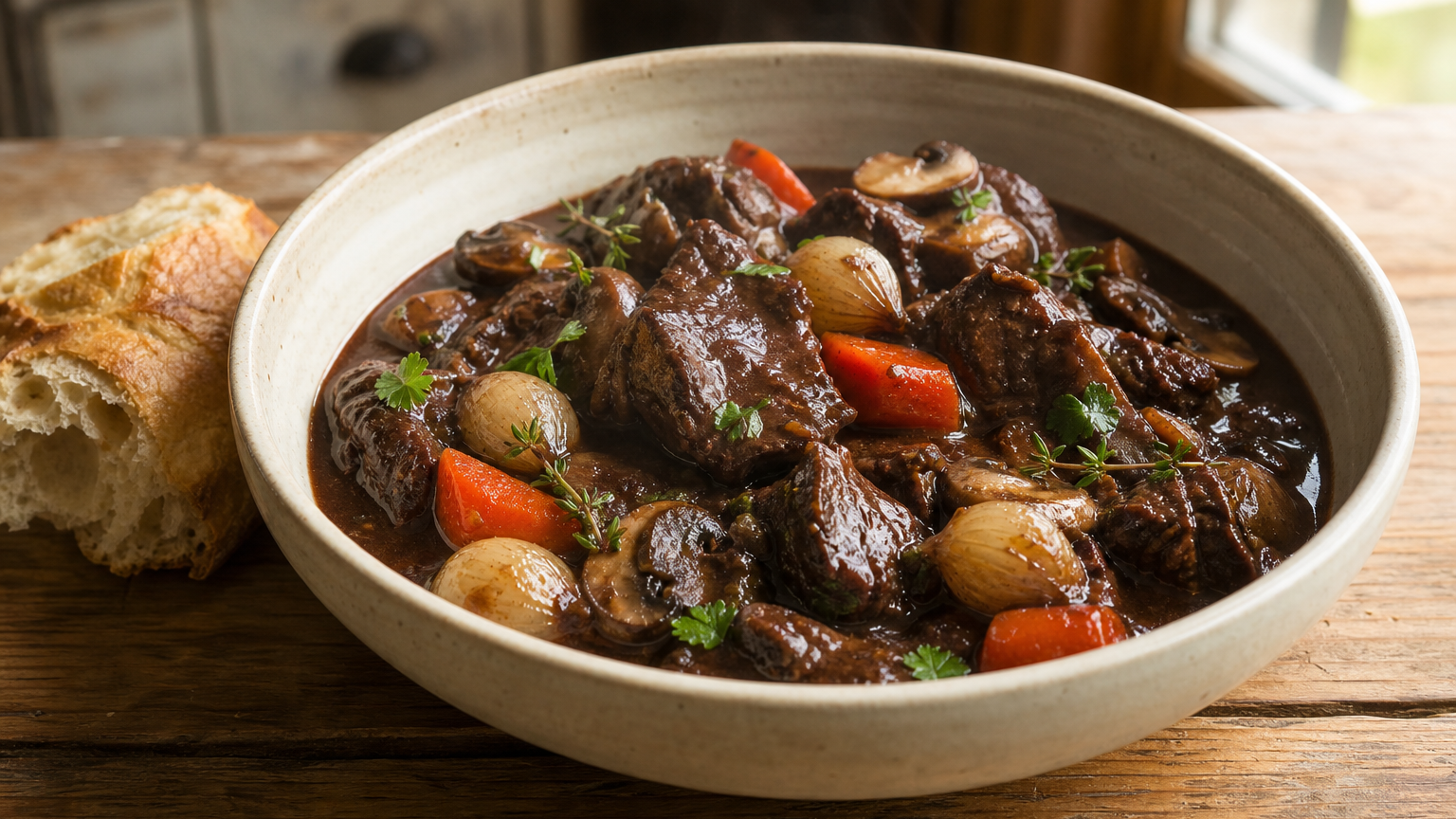 Boeuf bourguignon servido caliente con carne tierna, champiñones, cebollitas y salsa oscura de vino tinto