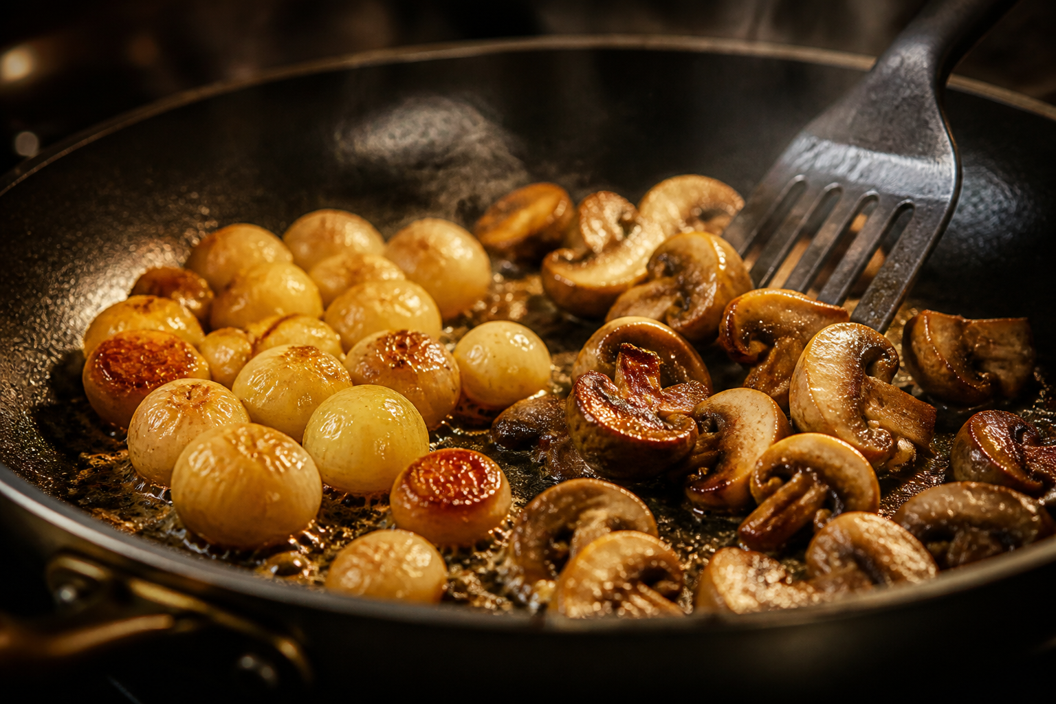 Saltear cebollitas y champiñones para preparar Aprende a preparar Boeuf Bourguignon: receta tradicional de Francia