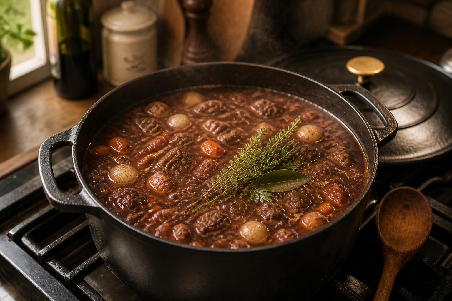Añadir caldo y hierbas para preparar Aprende a preparar Boeuf Bourguignon: receta tradicional de Francia