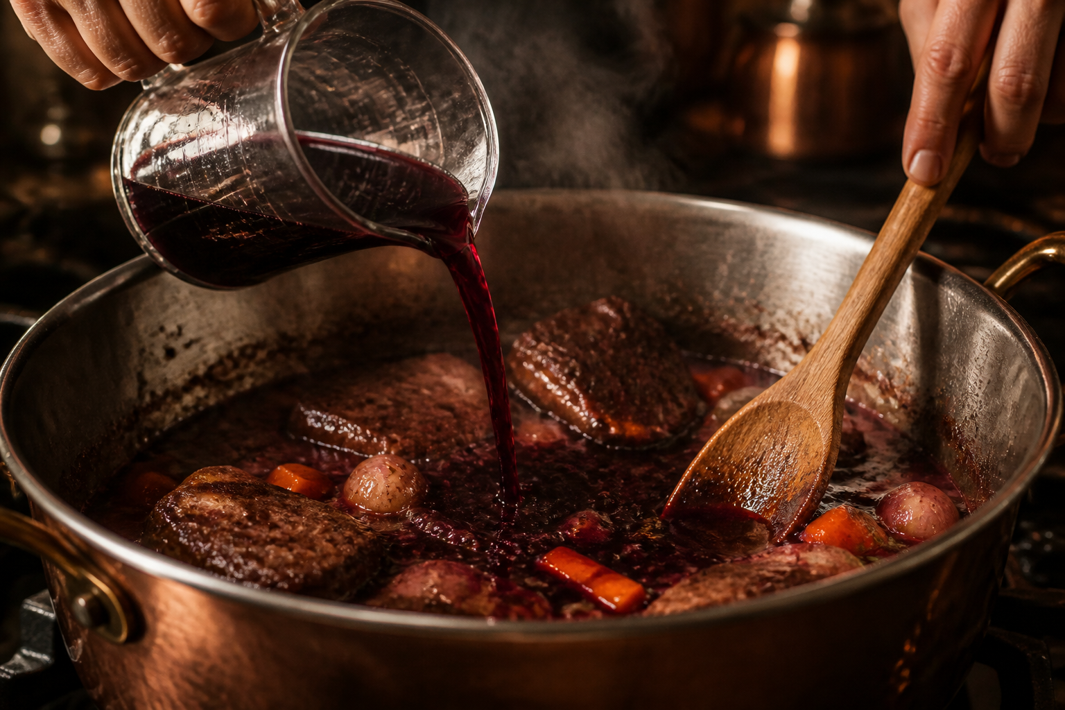 Desglasar con vino para preparar Aprende a preparar Boeuf Bourguignon: receta tradicional de Francia