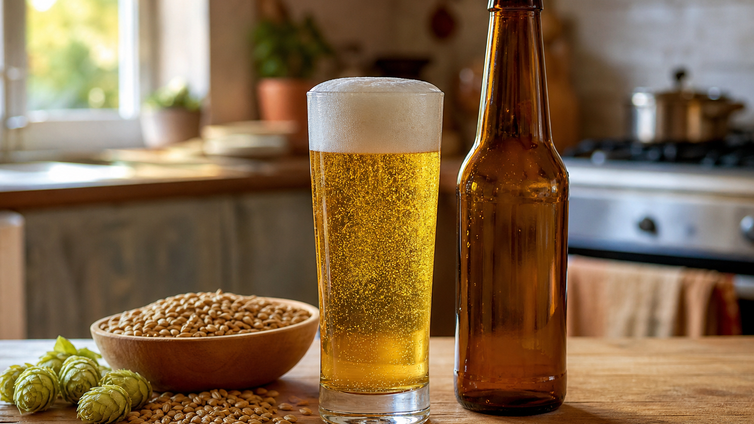 Vaso de cerveza lager francesa dorada con espuma blanca junto a botellas y equipo de elaboración casera