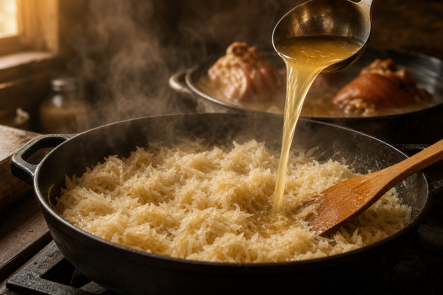 Calentar el chucrut para preparar Traditional German Eisbein