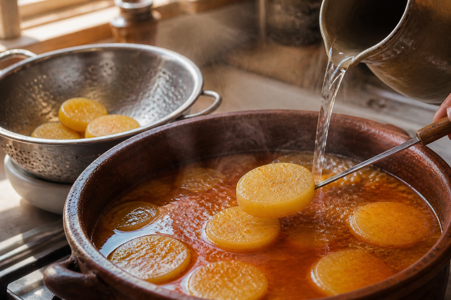 Escurrir las patatas para preparar Aprende a preparar Pulpo A La Gallega: receta tradicional de España
