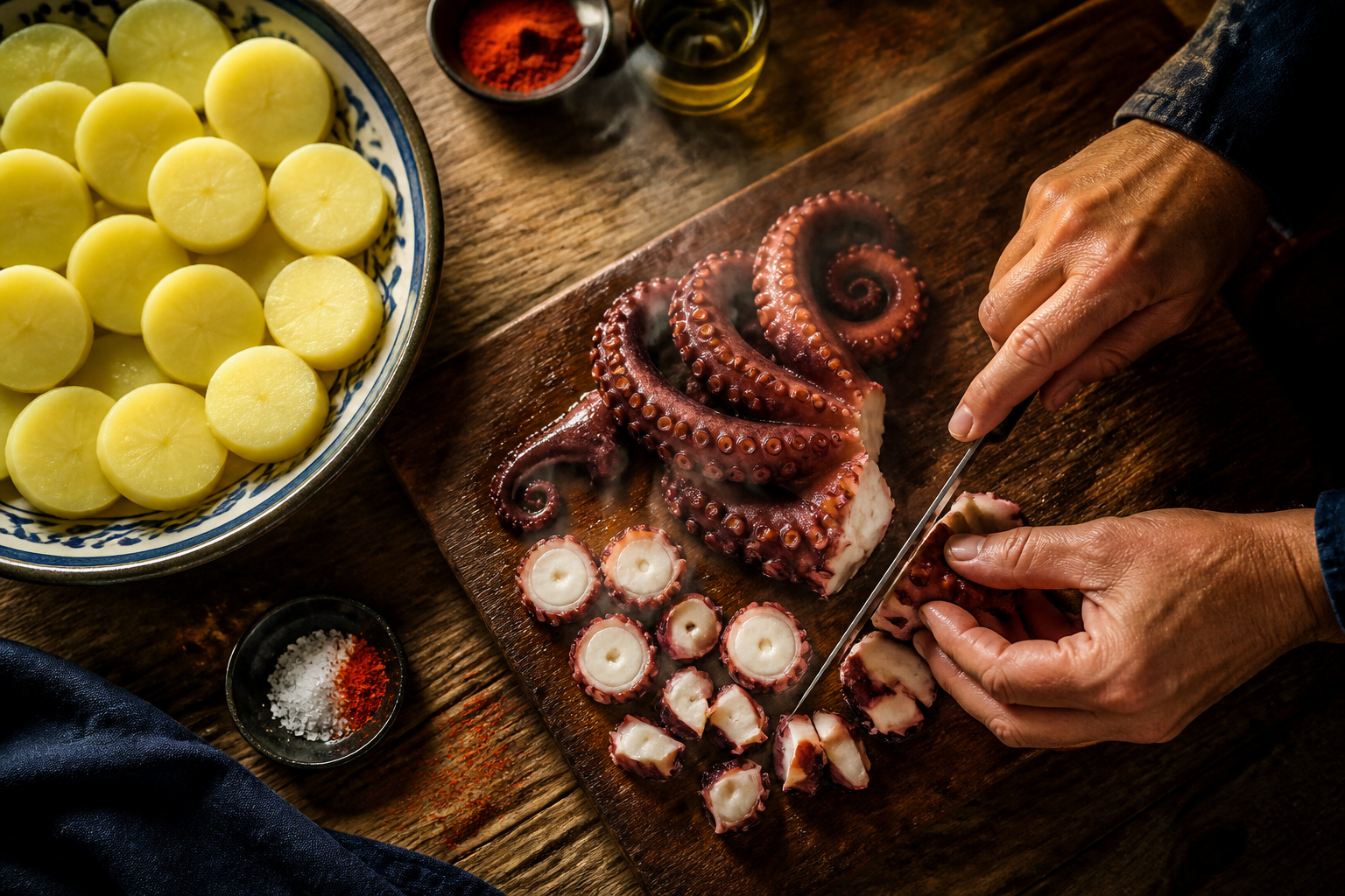 Cortar y disponer para preparar Aprende a preparar Pulpo A La Gallega: receta tradicional de España