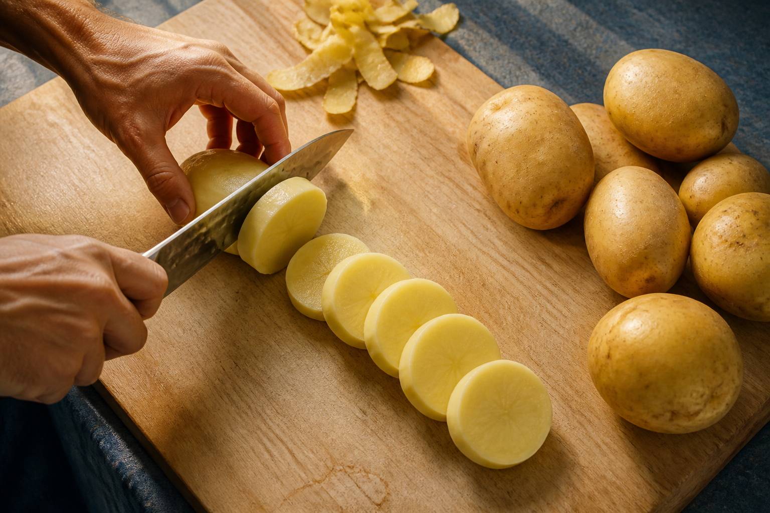 Cortar las patatas para preparar Aprende a preparar Pulpo A La Gallega: receta tradicional de España