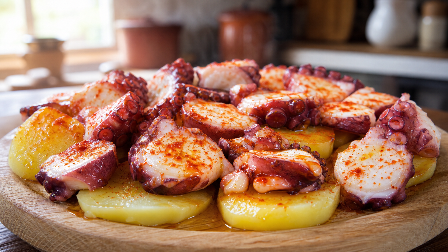 Pulpo a la gallega en rodajas sobre patatas cocidas, aliñado con pimentón y aceite de oliva