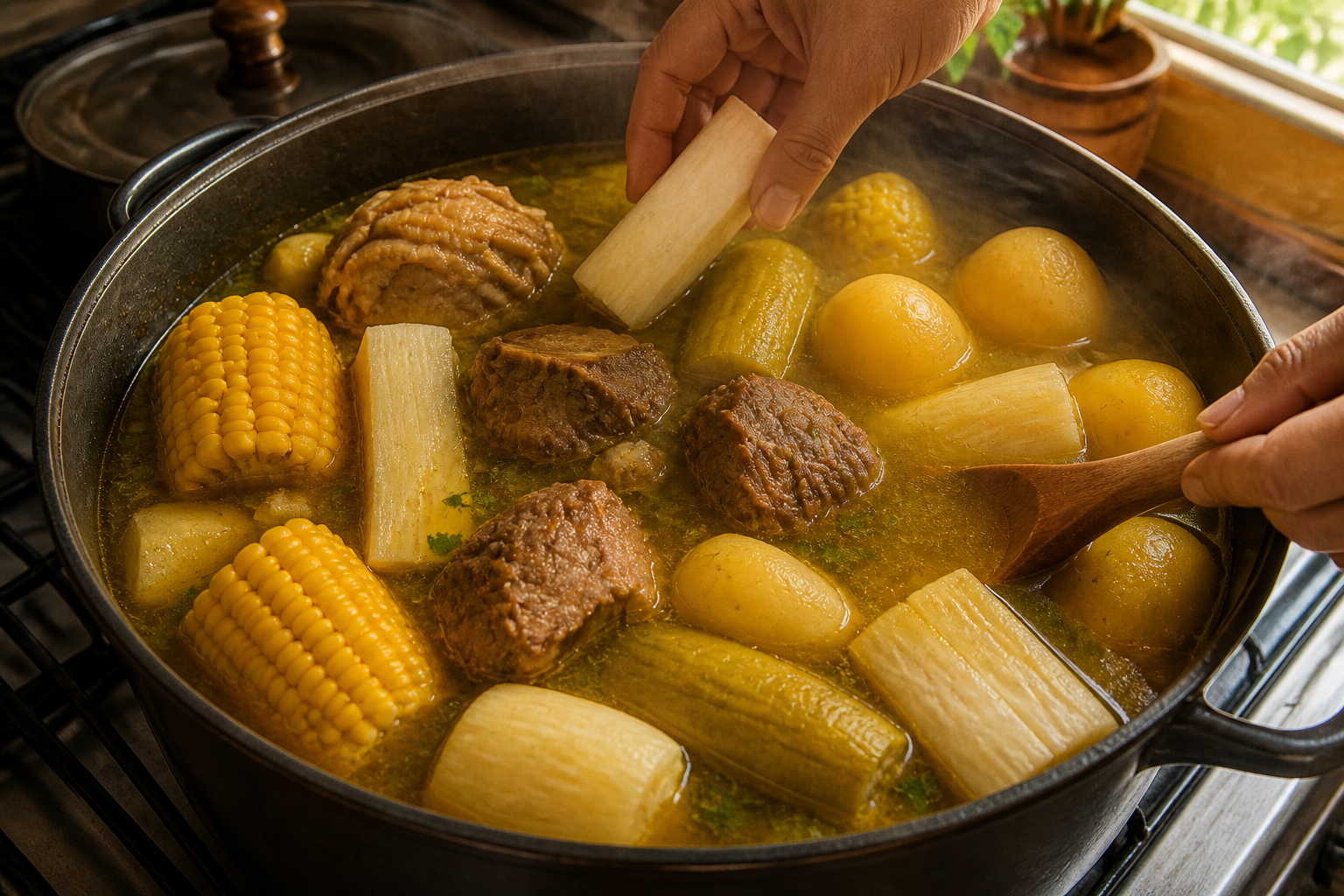 Incorporar yuca y papas para preparar Aprende a preparar Sancocho Colombiano: receta tradicional de Colombia