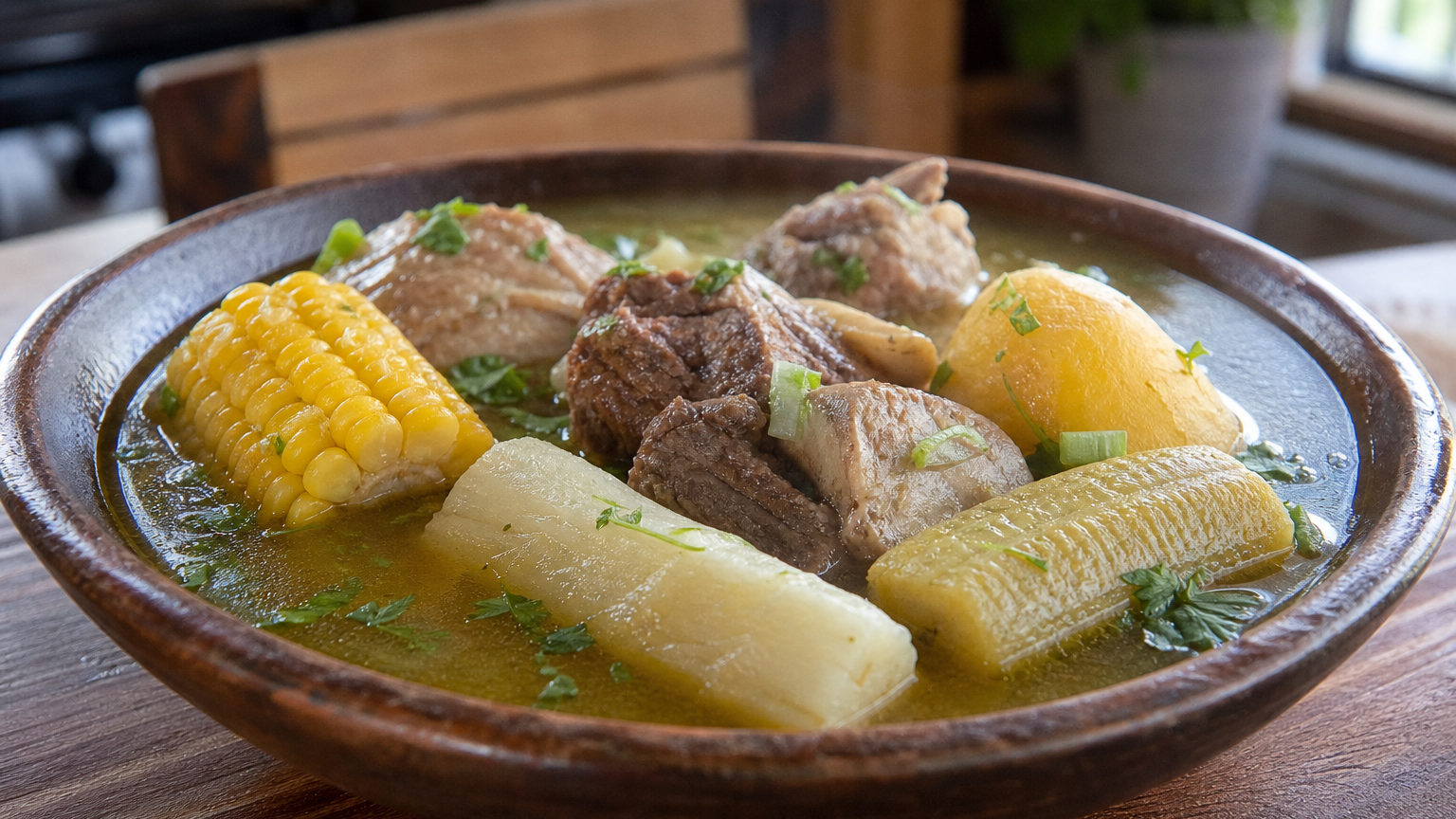 Sancocho colombiano de tres carnes servido caliente con costilla de res, pollo, cerdo, mazorca, yuca, papa y plátano verde