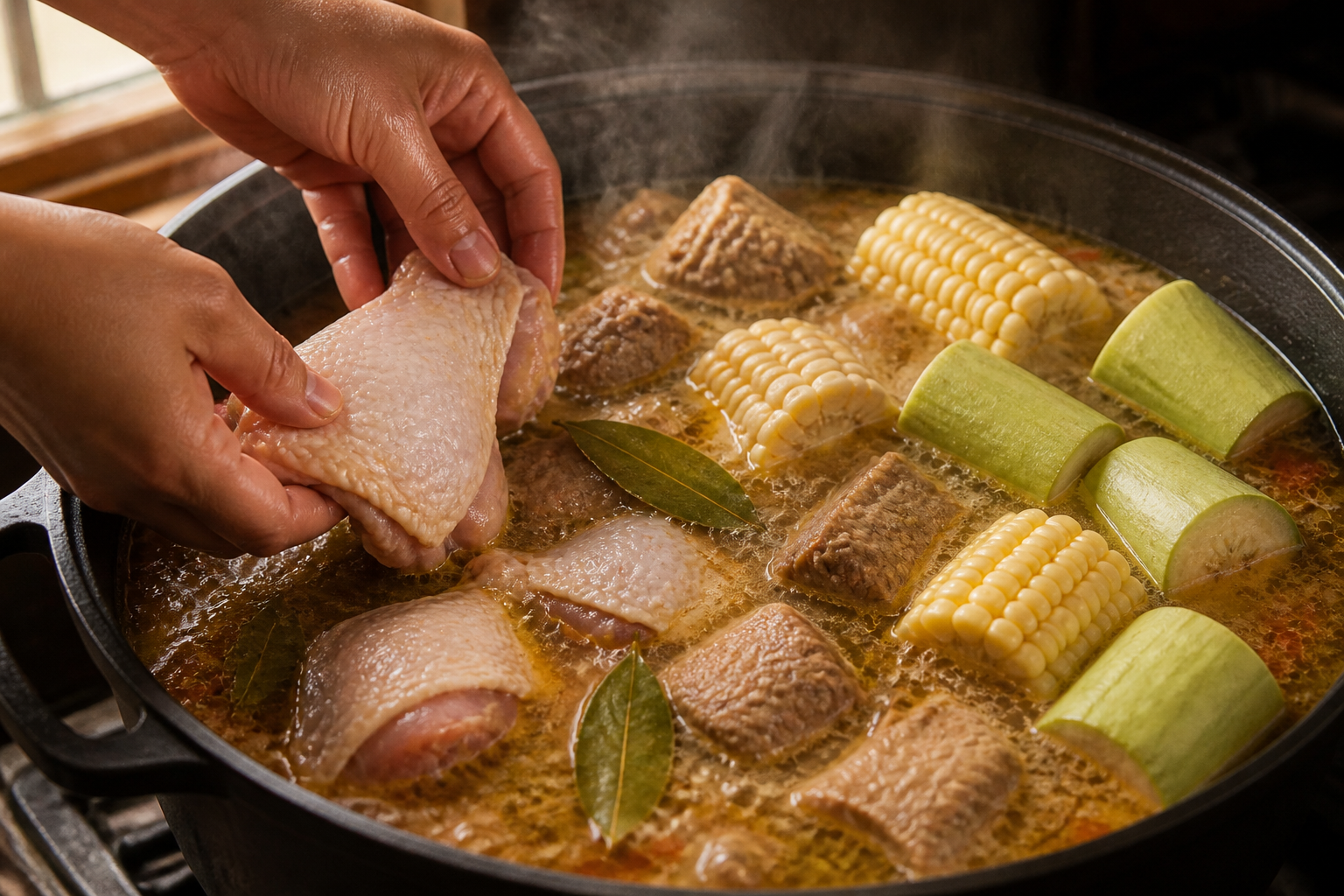 Agregar mazorca y plátano para preparar Aprende a preparar Sancocho Colombiano: receta tradicional de Colombia