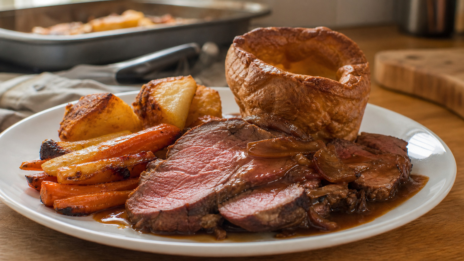 Sunday Roast británico con ternera asada, patatas crujientes, verduras caramelizadas, Yorkshire pudding y salsa de carne