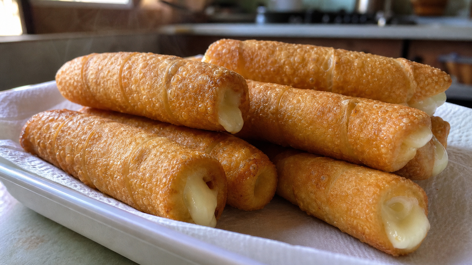 Tequeños venezolanos dorados y crujientes con queso blanco fundido en el interior