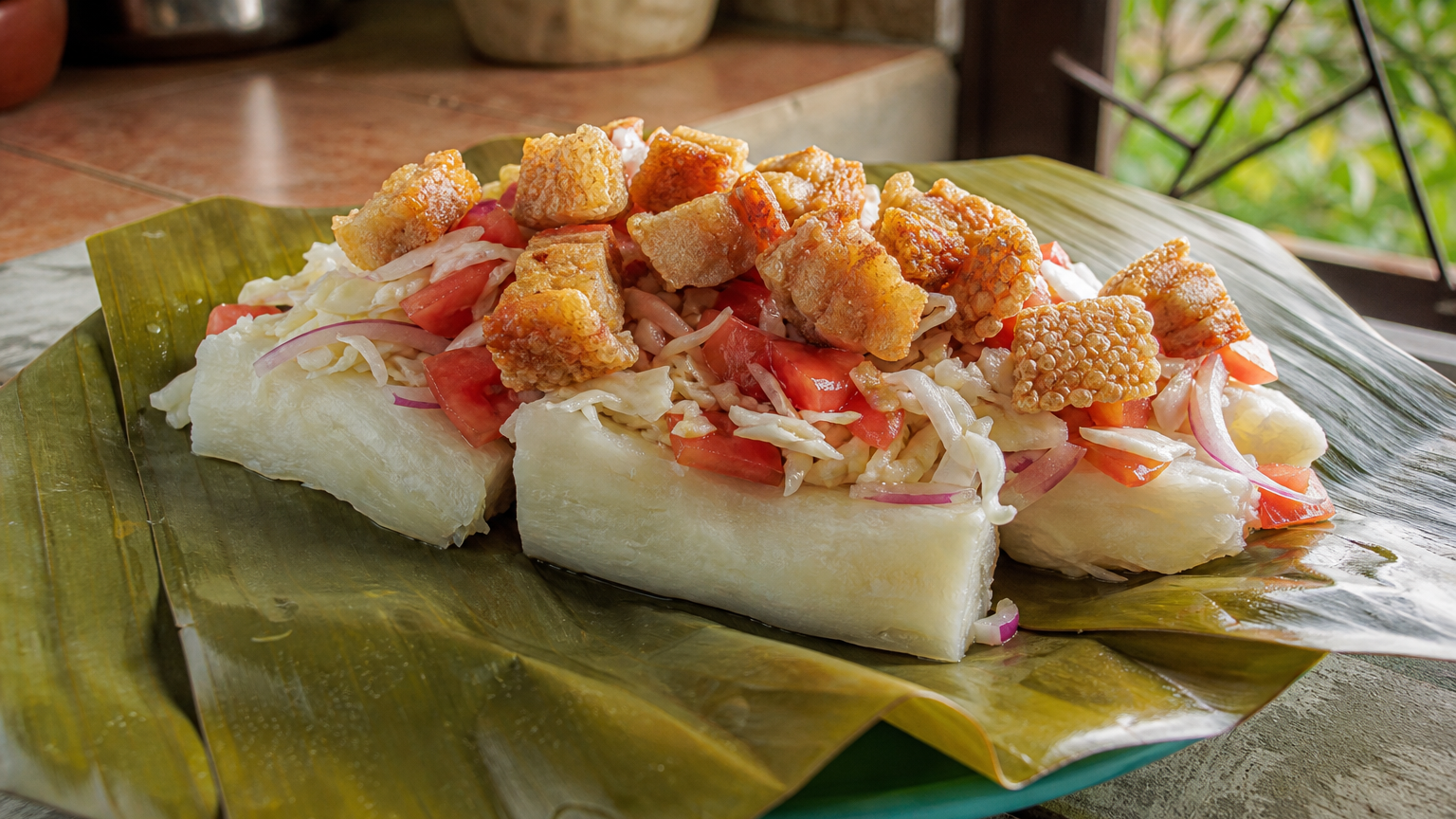 Vigorón nicaragüense servido con yuca cocida, chicharrón crujiente y curtido fresco de repollo