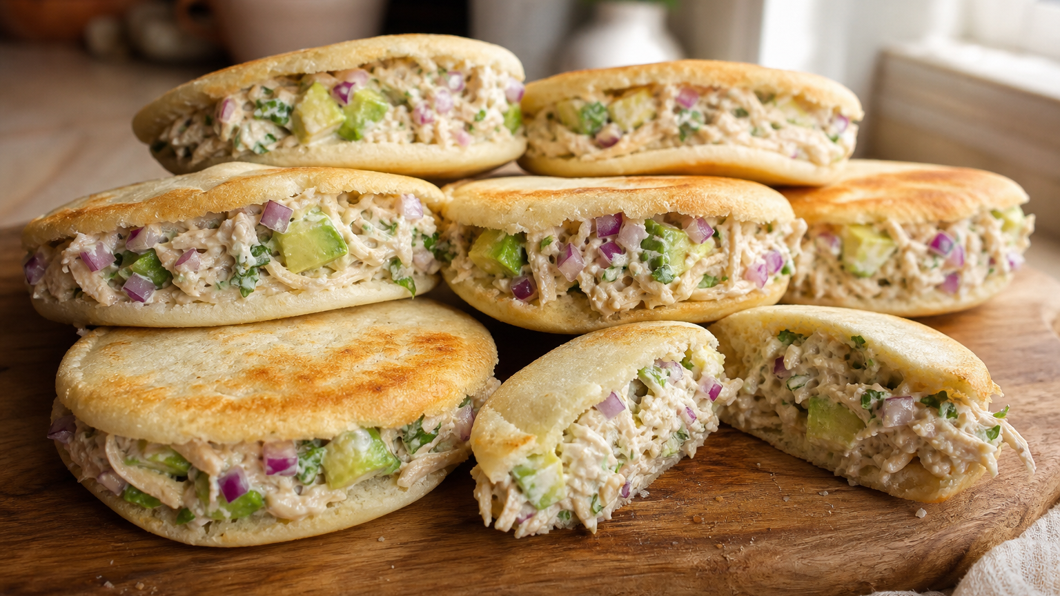 Arepas Reina Pepiada venezolanas doradas y abiertas, rellenas de pollo deshebrado, aguacate, cebolla morada y cilantro