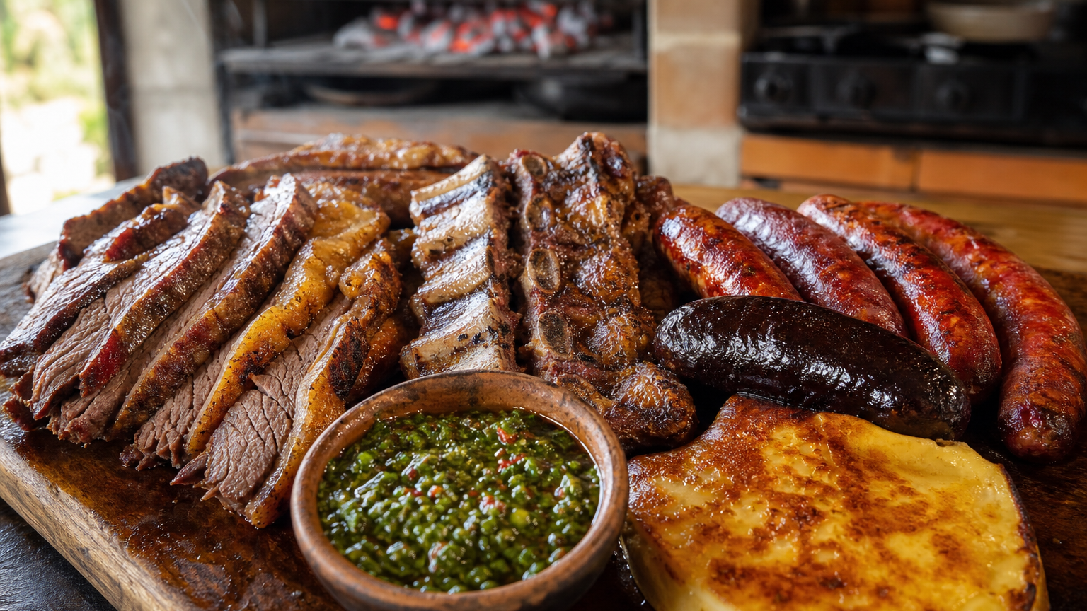 Asado argentino tradicional con tira de asado, vacío, chorizos, morcilla, provoleta y chimichurri sobre una parrilla