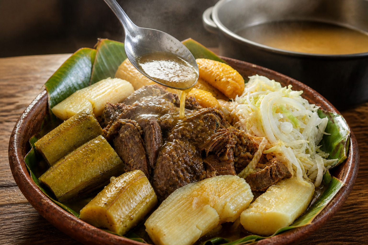 Ajustar los jugos para preparar Baho Nicaragüense: auténtica receta de carne, yuca y plátano de Nicaragua