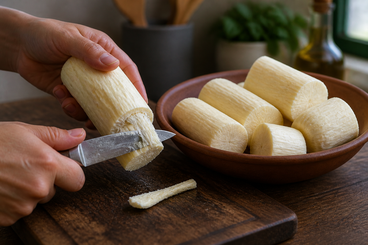 Preparar la yuca para preparar Baho Nicaragüense: auténtica receta de carne, yuca y plátano de Nicaragua