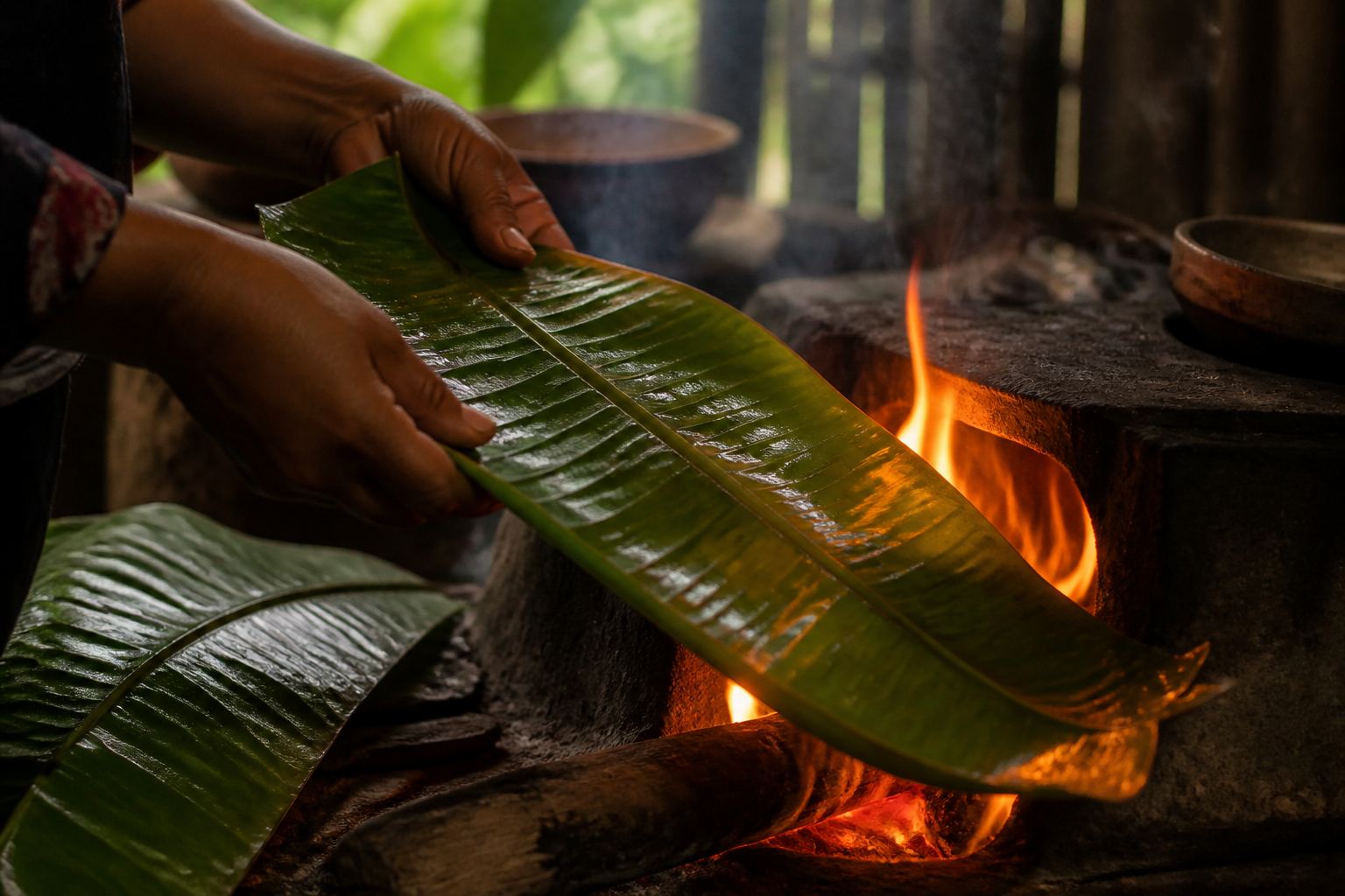 Ablandar las hojas para preparar Baho Nicaragüense: auténtica receta de carne, yuca y plátano de Nicaragua