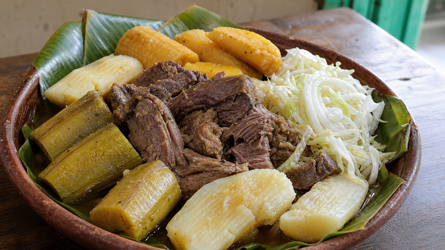 Baho nicaragüense servido con carne tierna, yuca, plátano verde, plátano maduro y ensalada de repollo