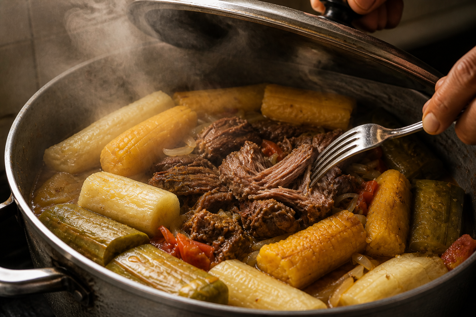 Comprobar la cocción para preparar Baho Nicaragüense: auténtica receta de carne, yuca y plátano de Nicaragua