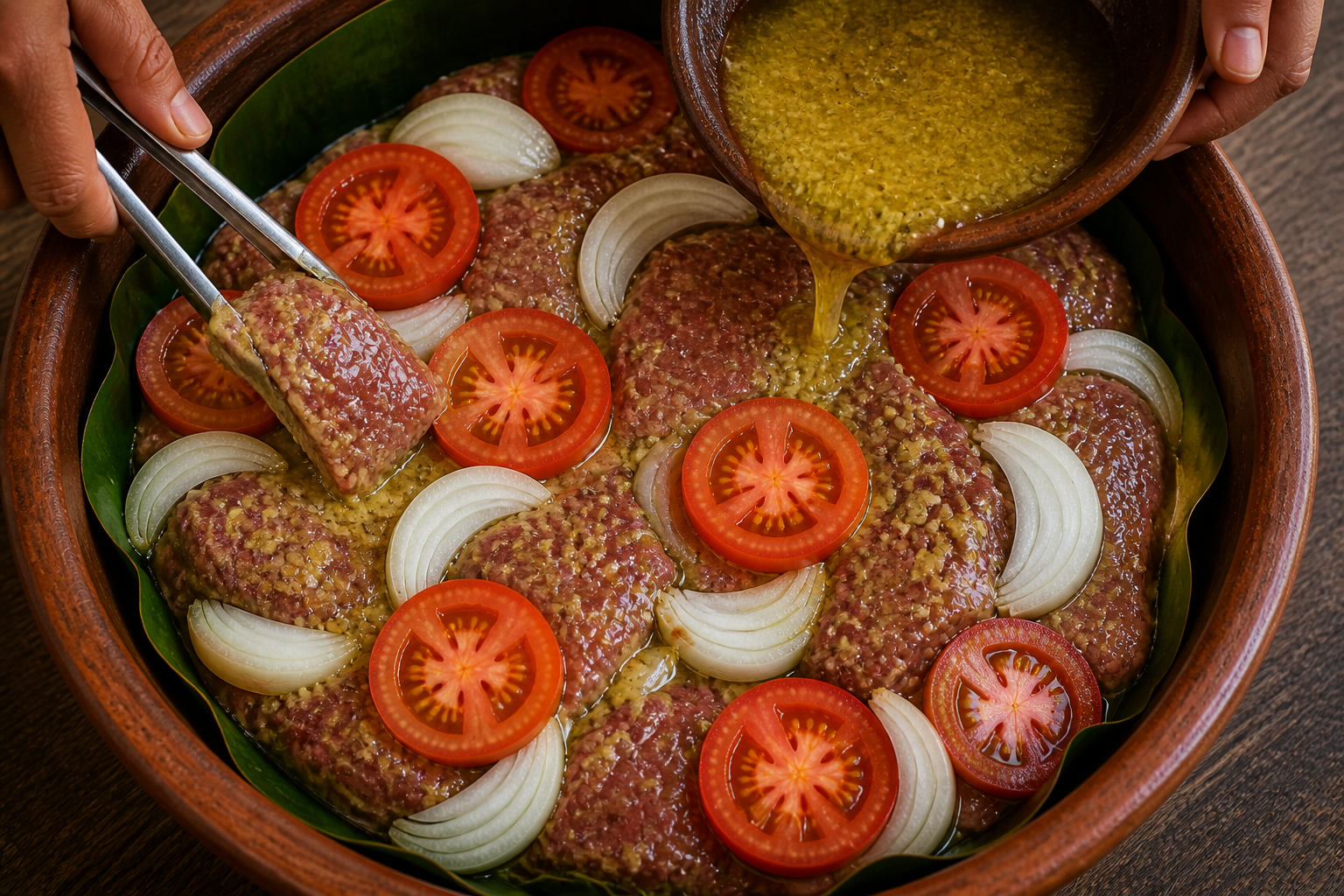 Acomodar la carne para preparar Baho Nicaragüense: auténtica receta de carne, yuca y plátano de Nicaragua