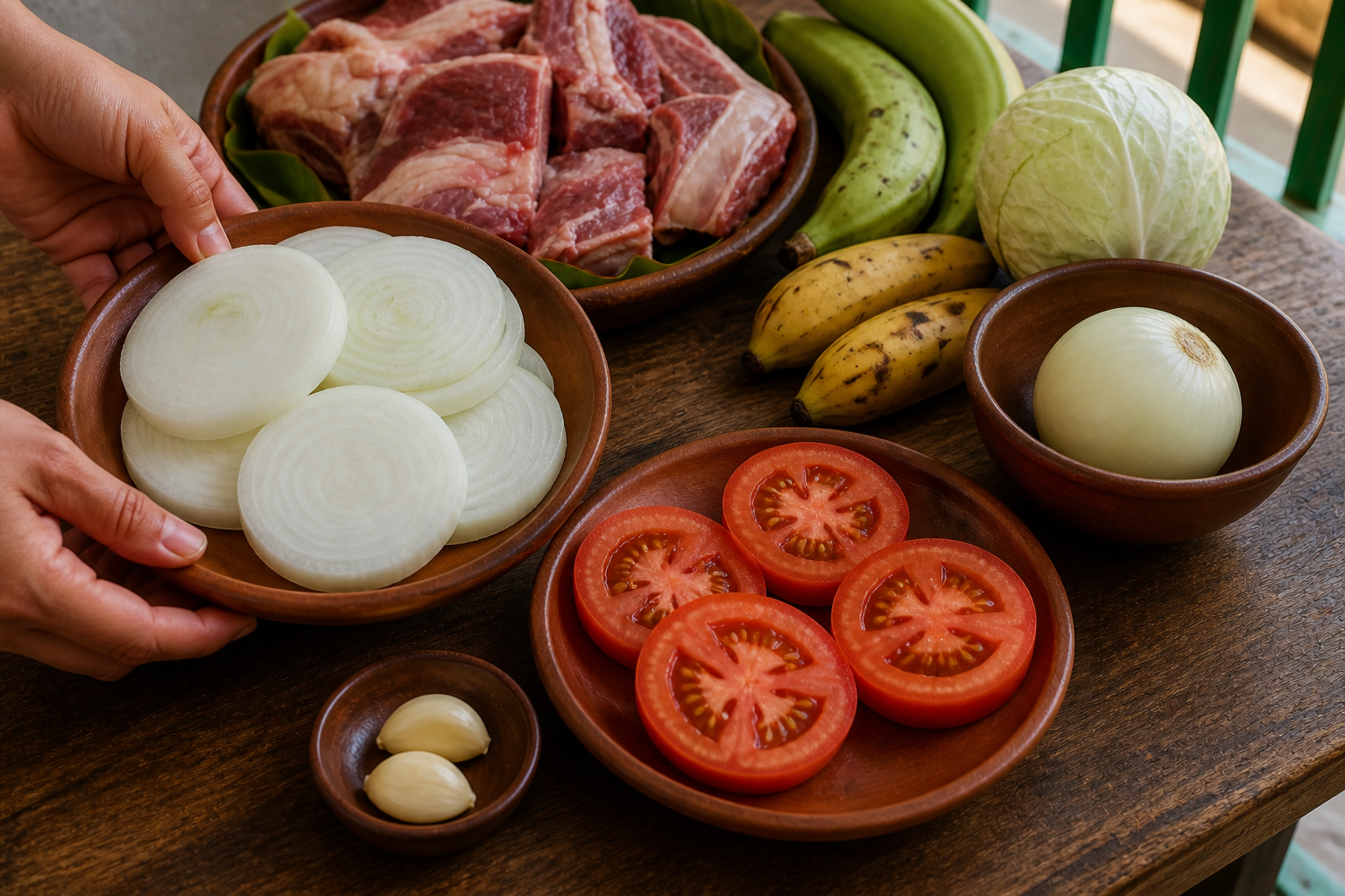Cortar aromáticos para preparar Baho Nicaragüense: auténtica receta de carne, yuca y plátano de Nicaragua