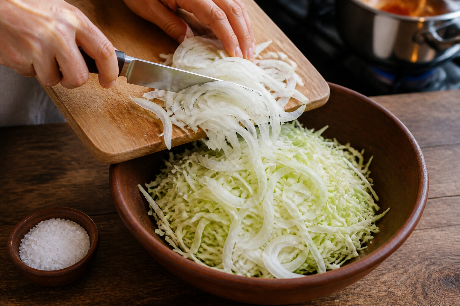 Cortar la ensalada para preparar Baho Nicaragüense: auténtica receta de carne, yuca y plátano de Nicaragua