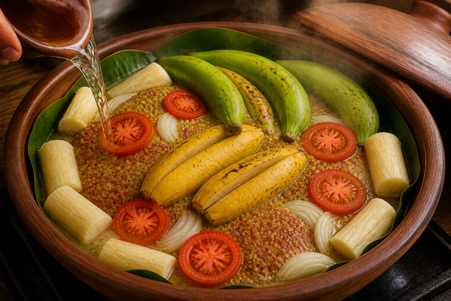 Añadir agua y verduras para preparar Baho Nicaragüense: auténtica receta de carne, yuca y plátano de Nicaragua