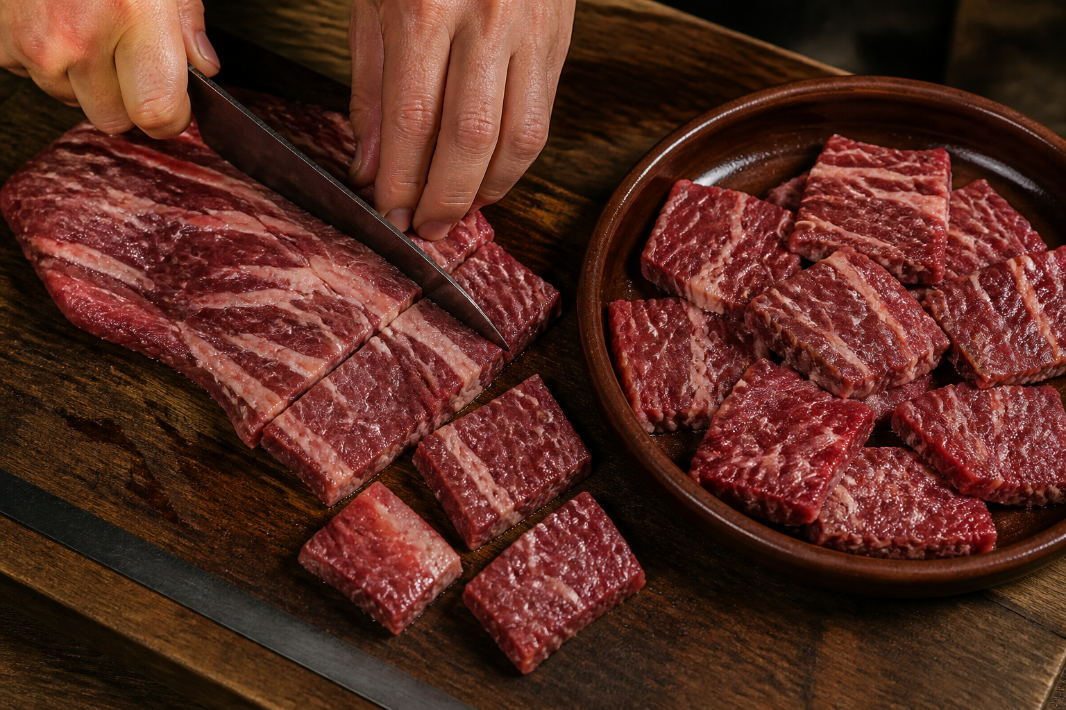 Cortar la carne para preparar Baho Nicaragüense: auténtica receta de carne, yuca y plátano de Nicaragua