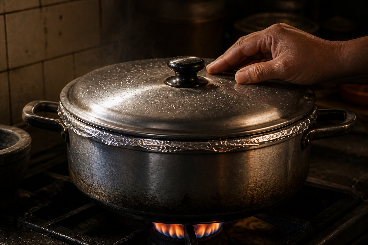 Cerrar la olla para preparar Baho Nicaragüense: auténtica receta de carne, yuca y plátano de Nicaragua