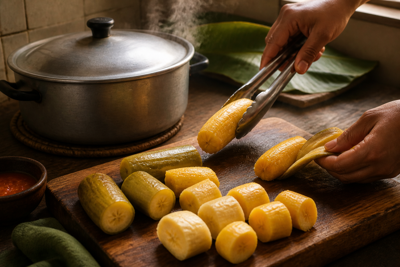 Reposar y pelar para preparar Baho Nicaragüense: auténtica receta de carne, yuca y plátano de Nicaragua