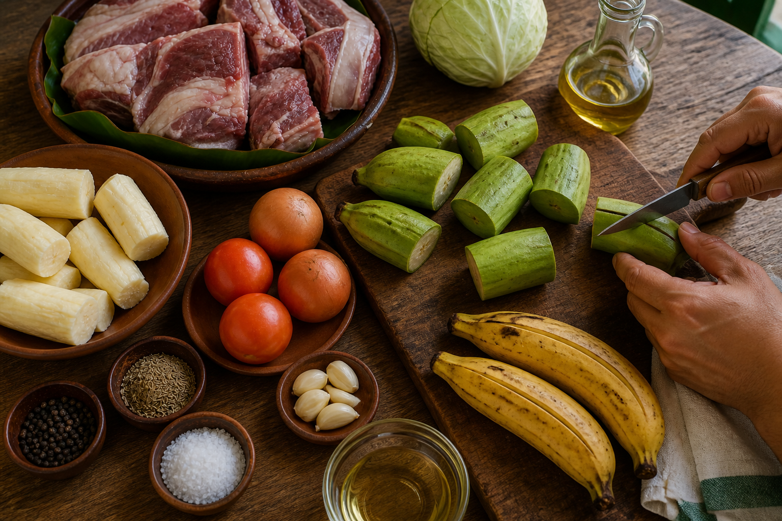 Preparar los plátanos para preparar Baho Nicaragüense: auténtica receta de carne, yuca y plátano de Nicaragua