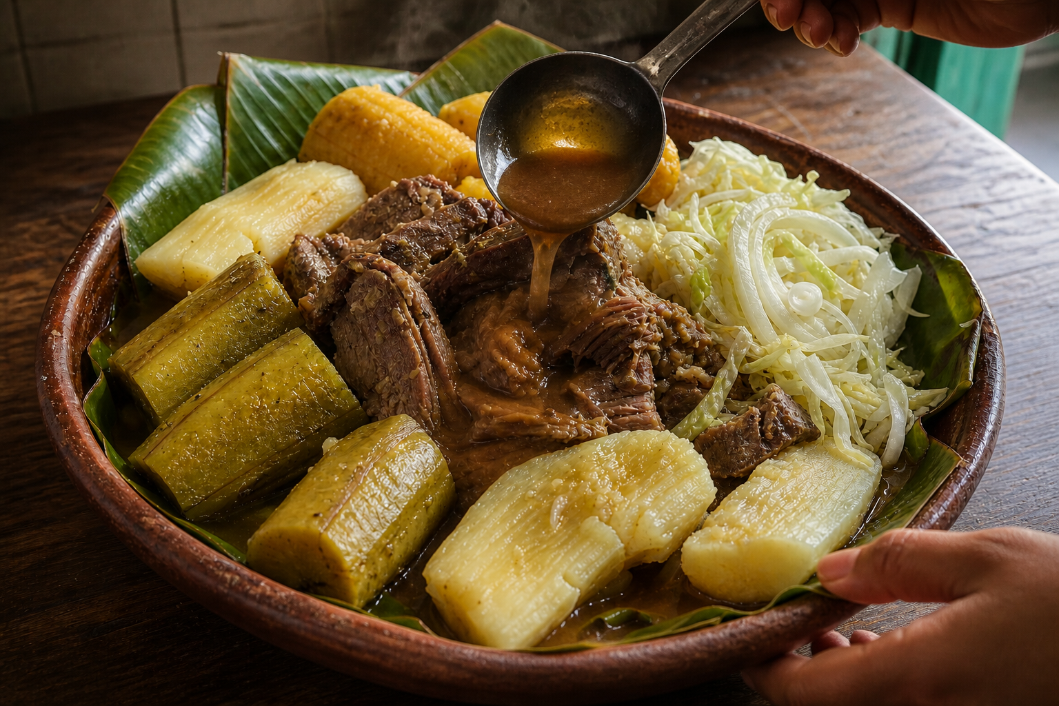 Servir el baho para preparar Baho Nicaragüense: auténtica receta de carne, yuca y plátano de Nicaragua