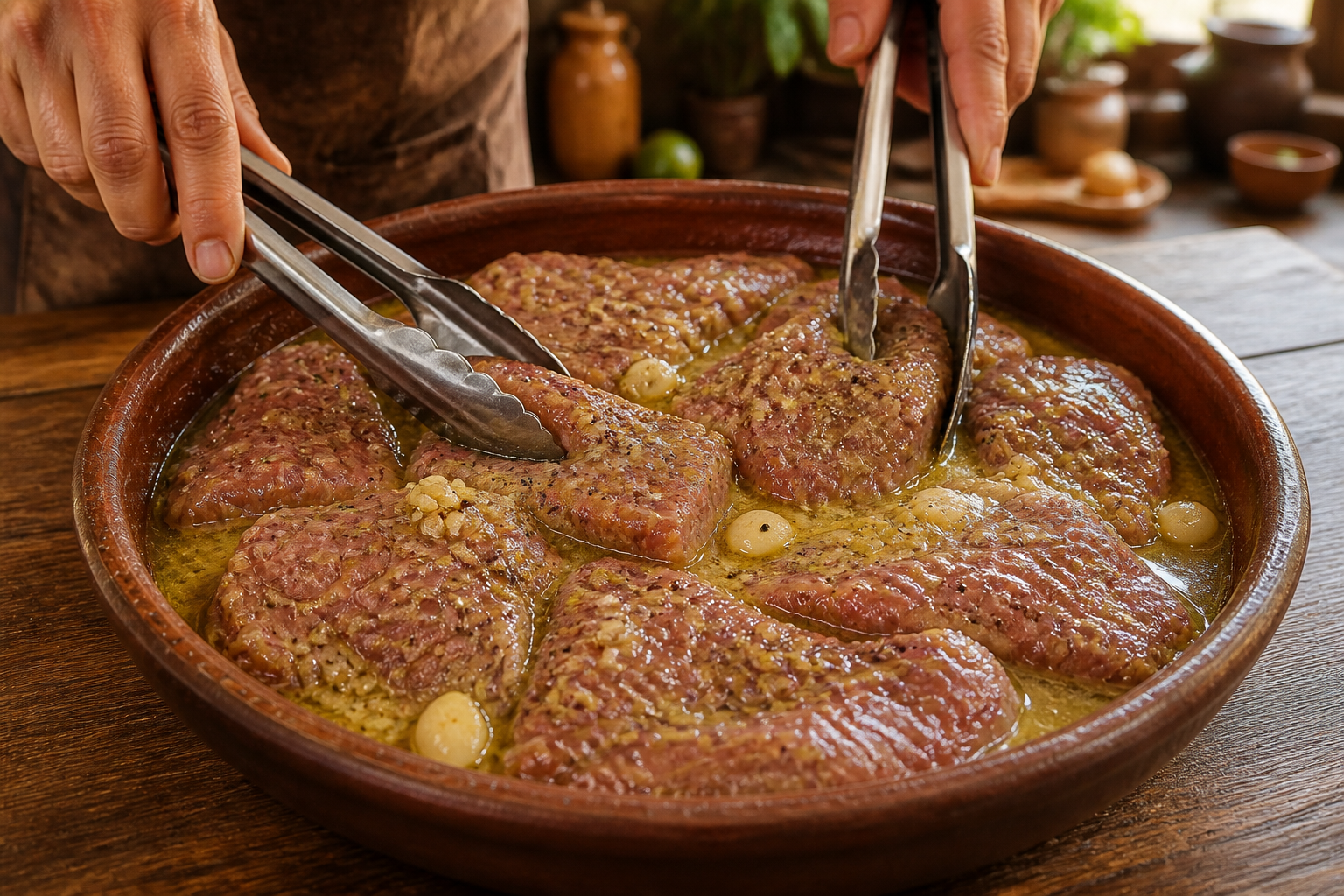 Marinar la carne para preparar Baho Nicaragüense: auténtica receta de carne, yuca y plátano de Nicaragua