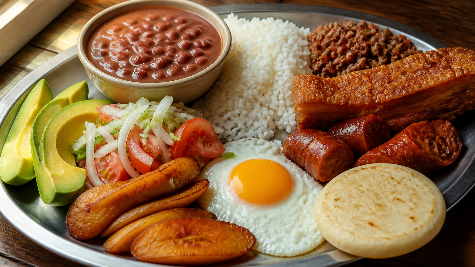 Bandeja paisa colombiana con frijoles rojos, arroz blanco, carne molida, chicharrón, chorizo, huevo frito, plátano maduro, aguacate y arepa