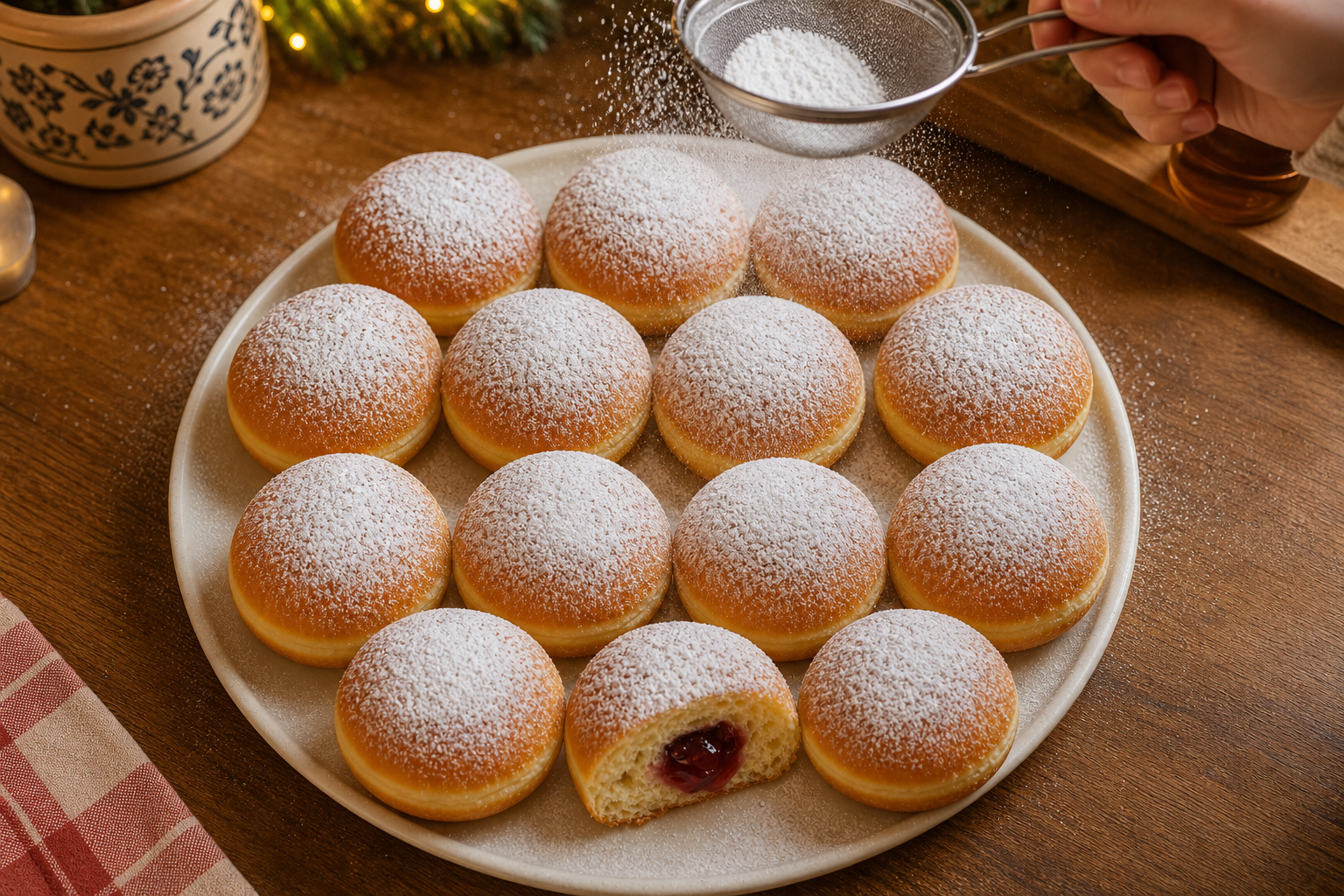 Espolvorear azúcar glas para preparar Authentic German Berliner Doughnuts
