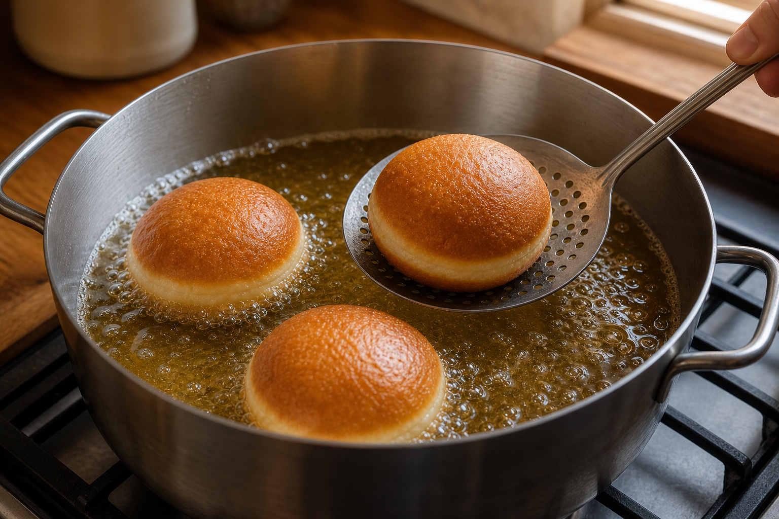 Freír los Berliner para preparar Authentic German Berliner Doughnuts
