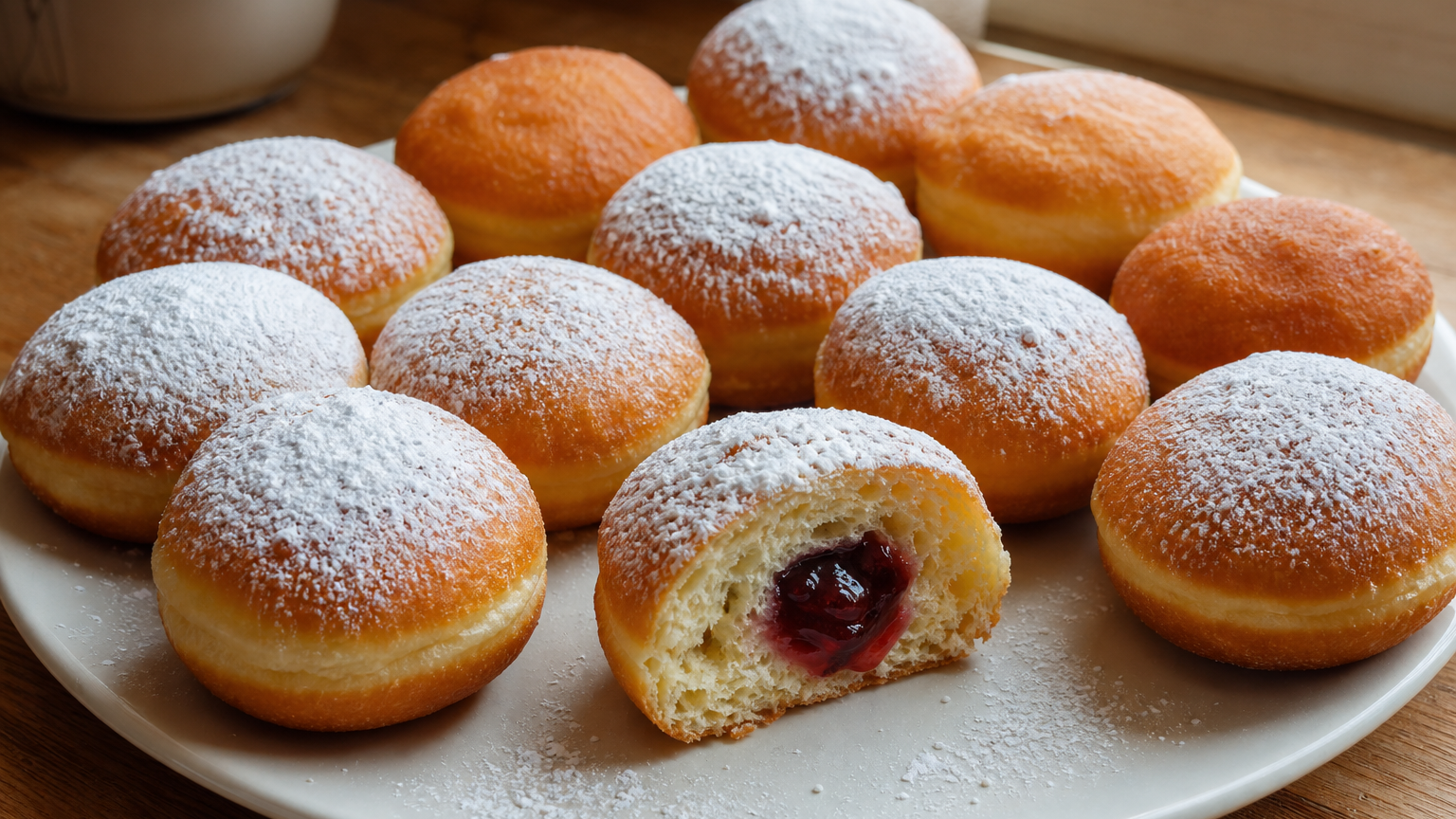 Berliner alemanes dorados, rellenos de mermelada de frambuesa y espolvoreados con azúcar glas