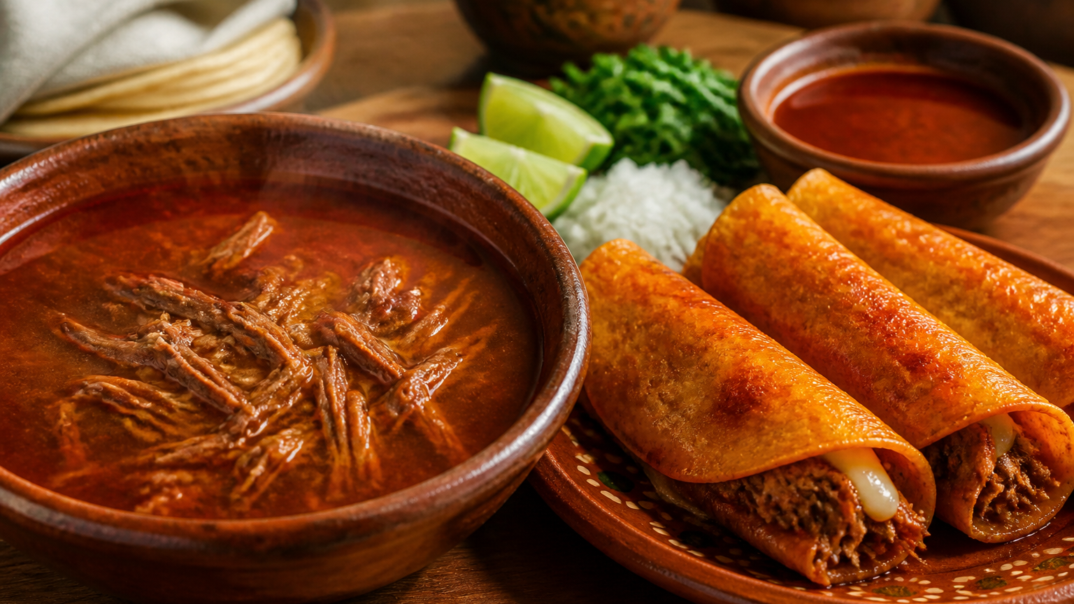 Birria de res mexicana con consomé, tacos dorados con queso, cebolla, cilantro y limón
