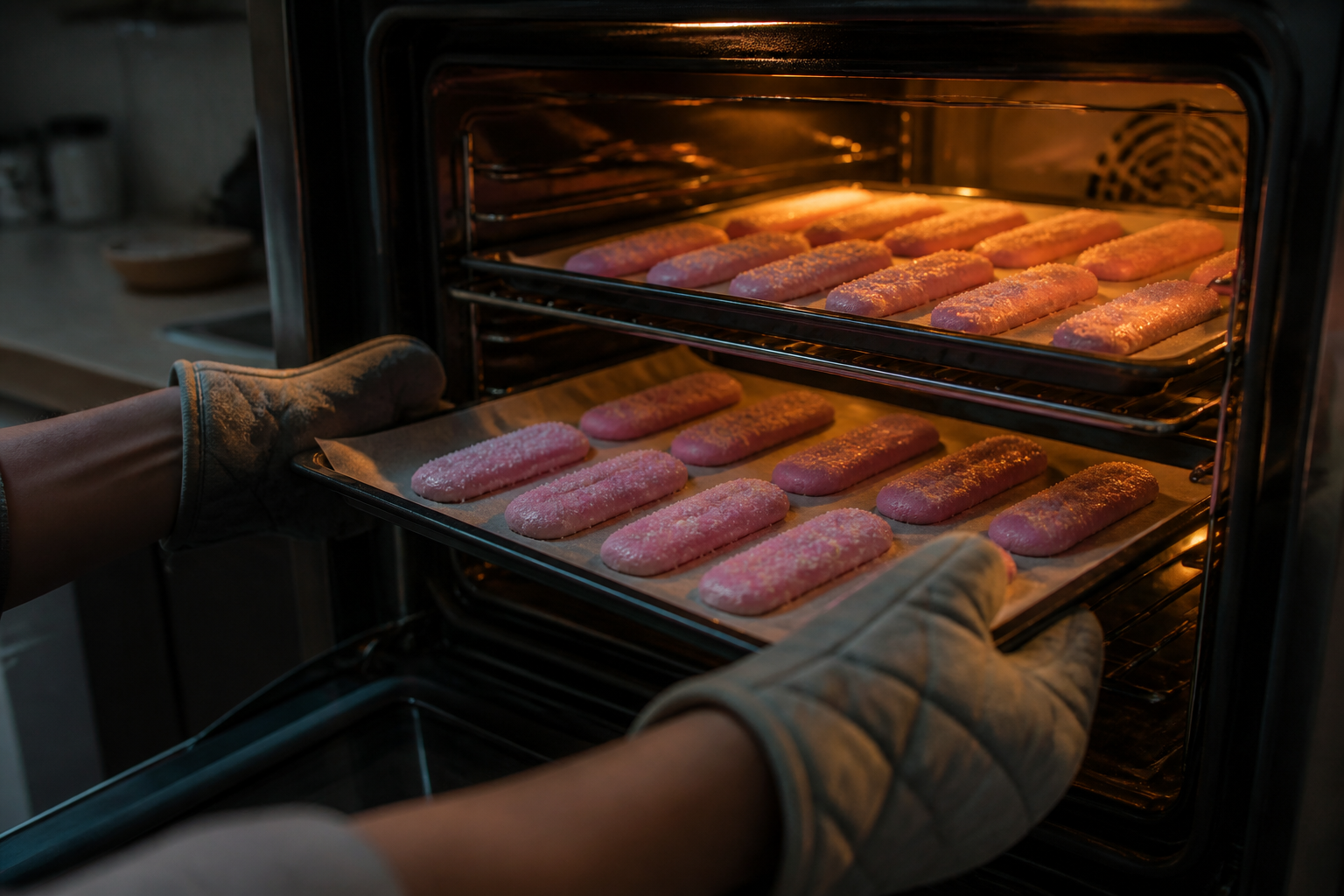 Hornear los bizcochos para preparar Bizcocho rosa de Reims: la auténtica receta de Francia