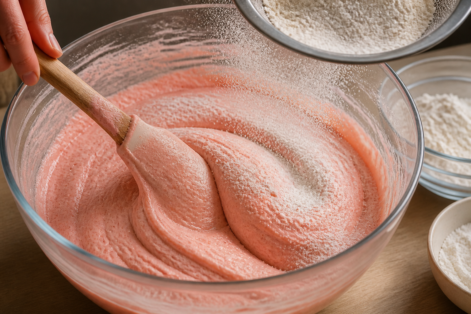 Tamizar los ingredientes secos para preparar Bizcocho rosa de Reims: la auténtica receta de Francia