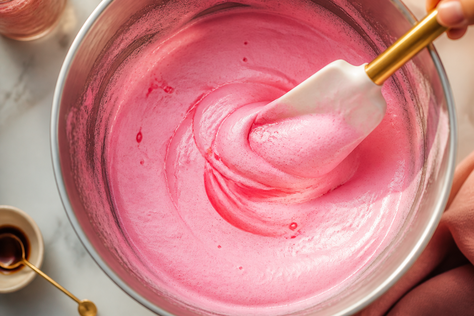 Añadir vainilla y color para preparar Bizcocho rosa de Reims: la auténtica receta de Francia