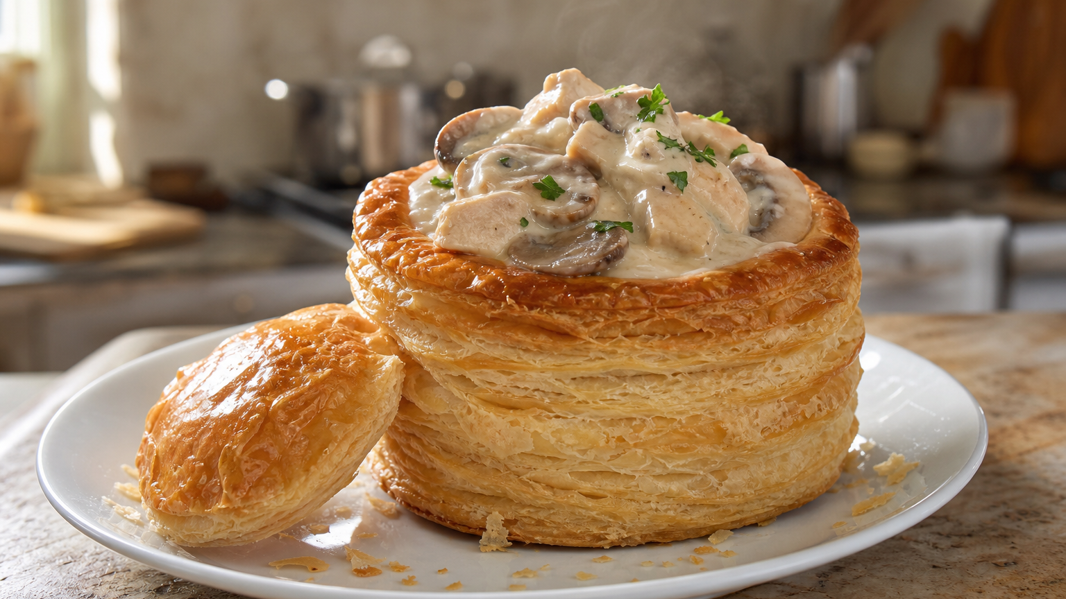 Bouchée à la reine francesa servida en volován de hojaldre dorado con relleno cremoso de pollo y champiñones
