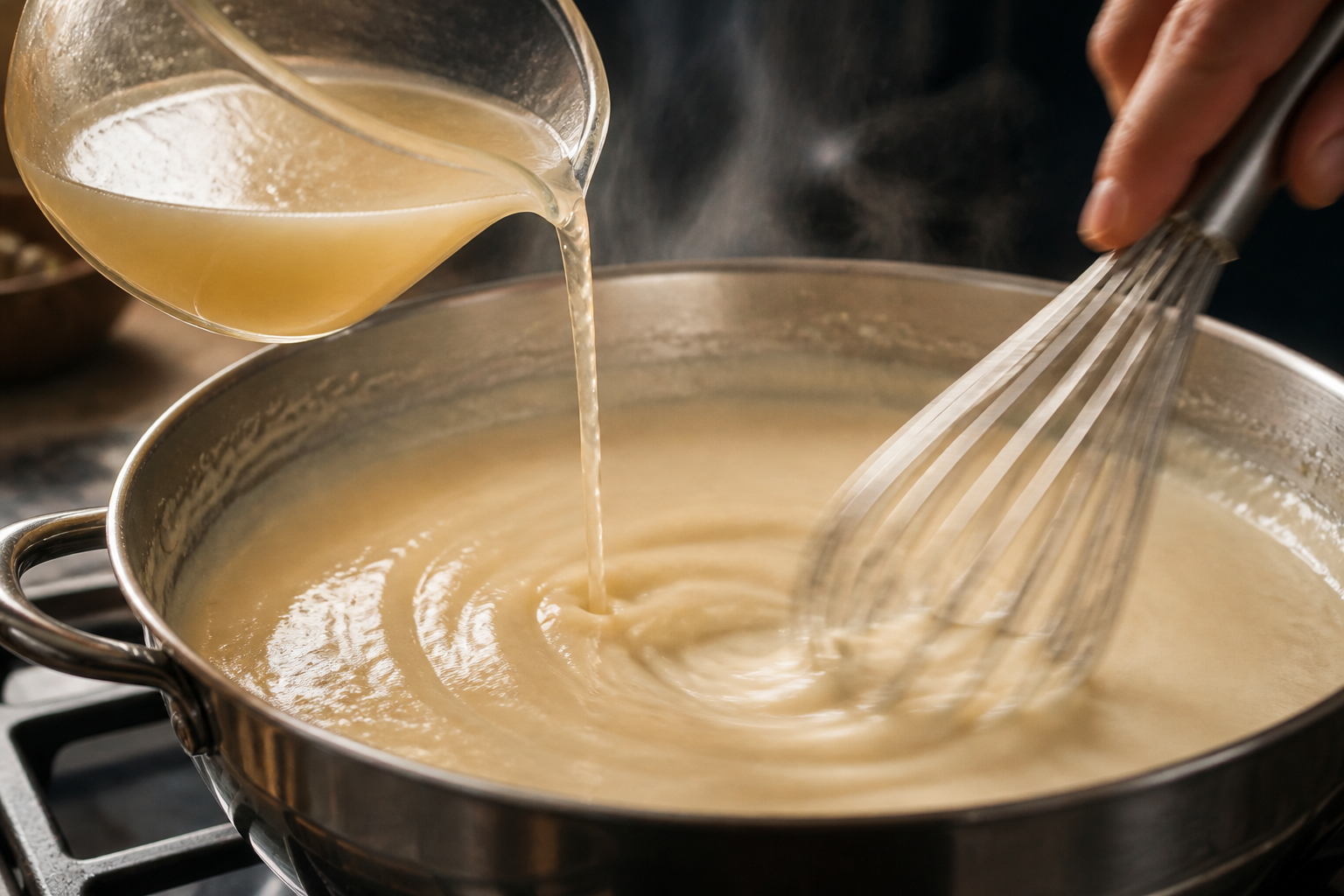 Incorporar el caldo para preparar Bouchée à la reine: la auténtica receta de Francia
