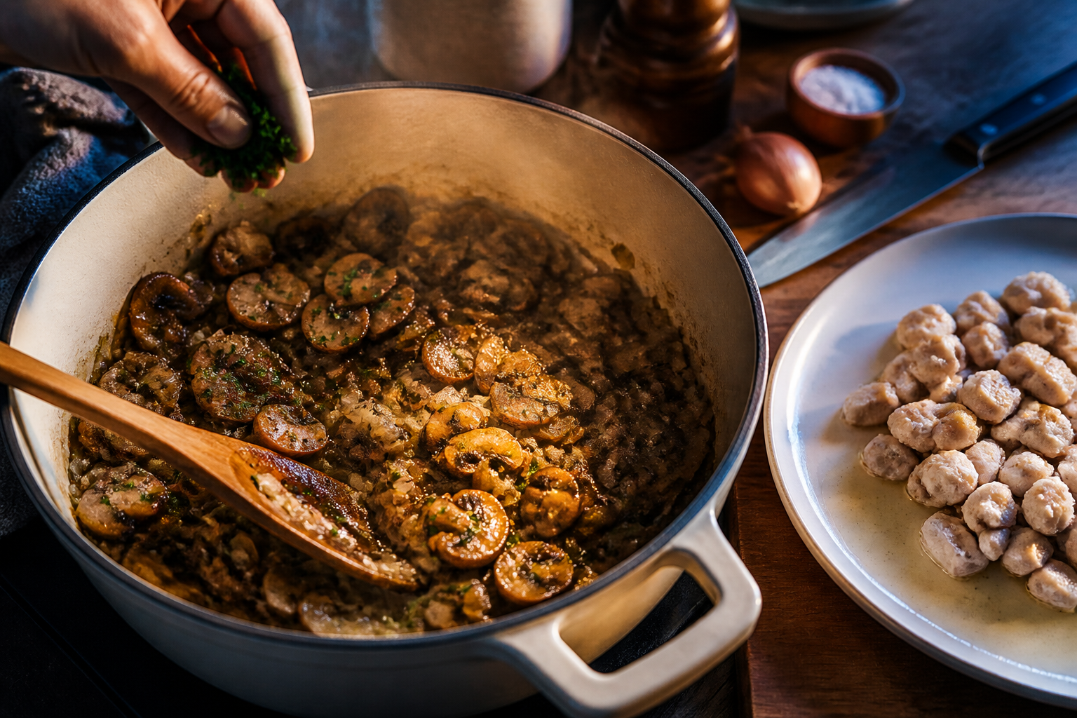 Saltear los vegetales para preparar Bouchée à la reine: la auténtica receta de Francia