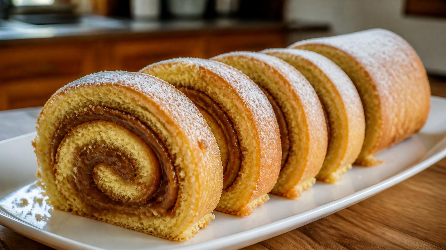 Brazo de Reina chileno espolvoreado con azúcar flor y relleno de manjar