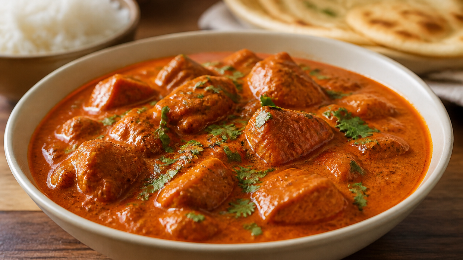 Butter chicken indio cremoso con pollo, salsa de tomate especiada, anacardos y cilantro, servido con arroz basmati